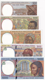 Central African Congo Set 5 UNC 500 - 10000 Francs Random Date P 101C - P105C