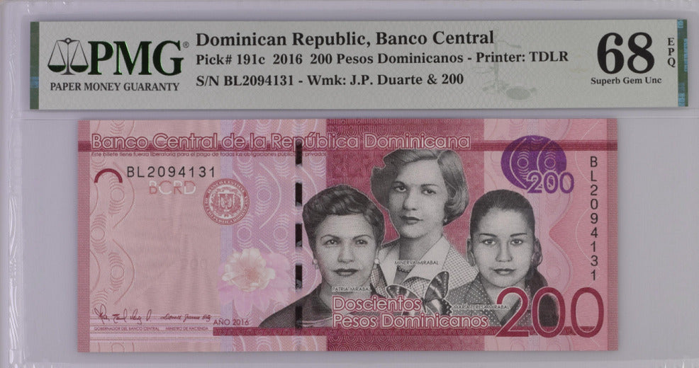 Dominican Republic 200 Pesos 2016 P 191 c Superb GEM UNC PMG 68 EPQ