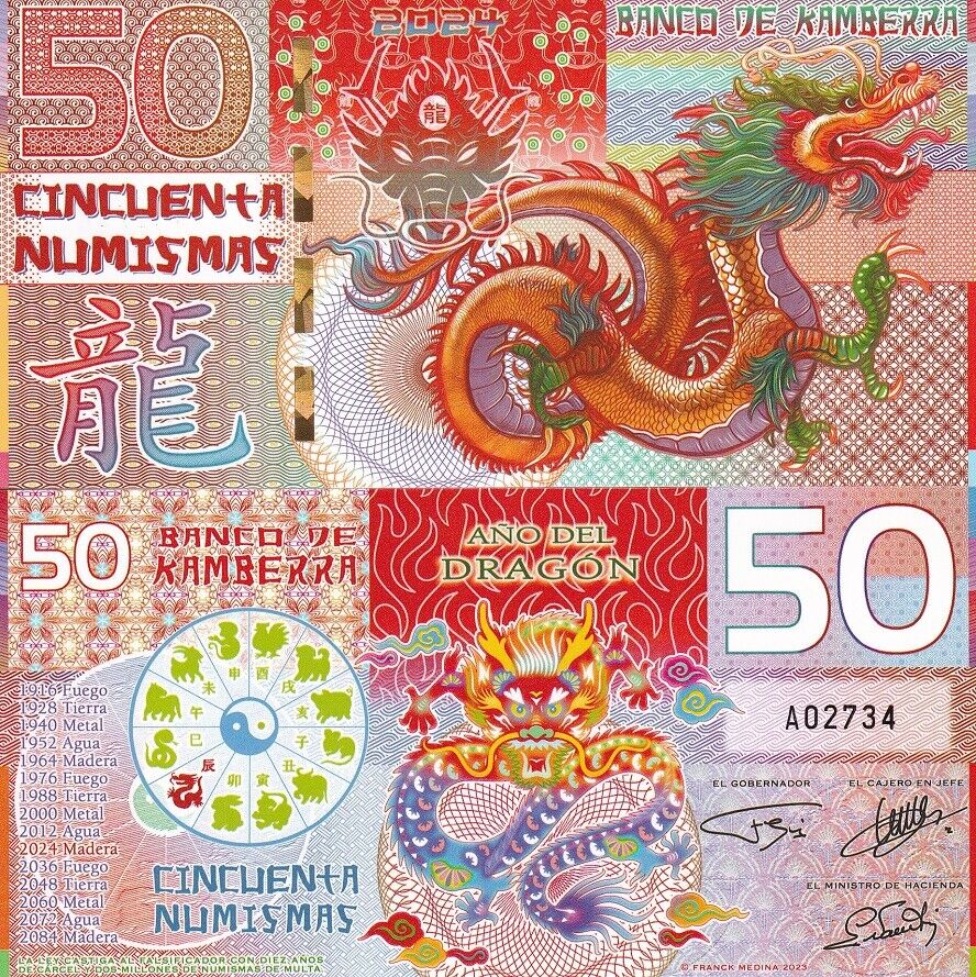 Kamberra 50 Numismas 2024 Chinese Zodiac Lunar Calendar Dragon Fantasy Polymer