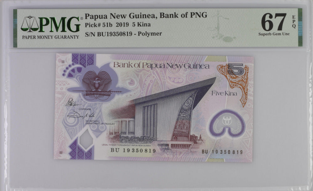 Papua New Guinea 5 Kina 2019 P 51 b Polymer Superb Gem UNC PMG 67 EPQ Top