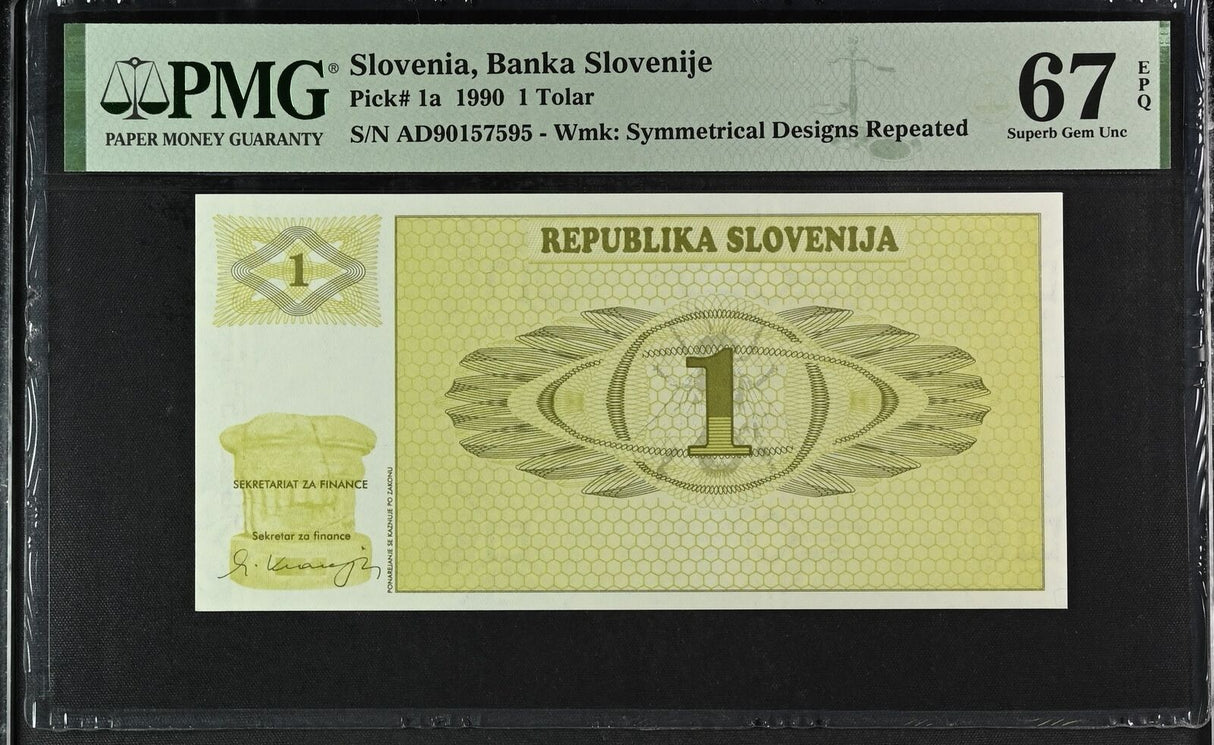 Slovenia 1 Tolar 1990 P 1 a Superb GEM UNC PMG 67 EPQ