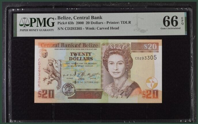 Belize 20 Dollars 2000 P 63 b Gem UNC PMG 66 EPQ