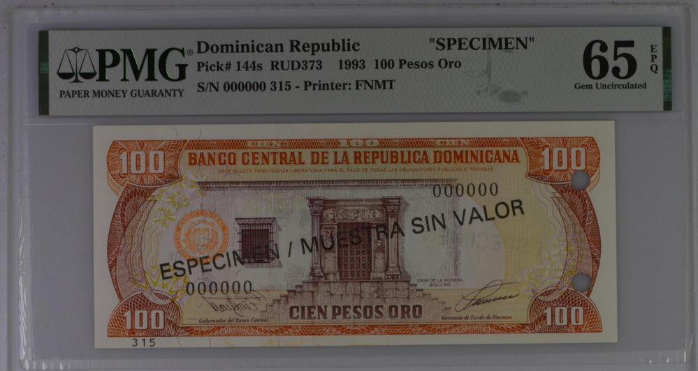 Dominican Republic 100 Pesos 1993 P 144 SPECIMEN Gem UNC PMG 65 EPQ