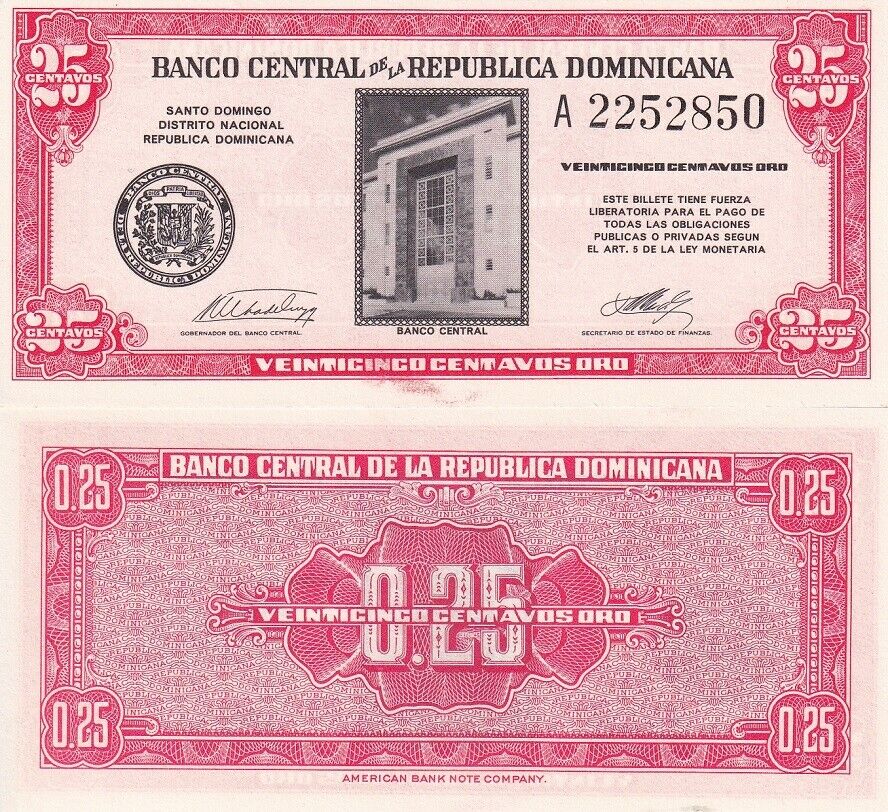 Dominican Republic 25 Centavos Oro ND 1961 P 87 UNC
