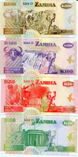 ZAMBIA SET 4 PCS 20 50 100 500 KWACHA 1992 P 36 37 38 39 UNC