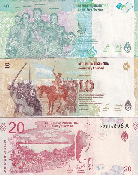 Argentina Set 3 Pcs 5 10 20 Pesos ND 2015-2017 P 359 P 360 P 361 UNC