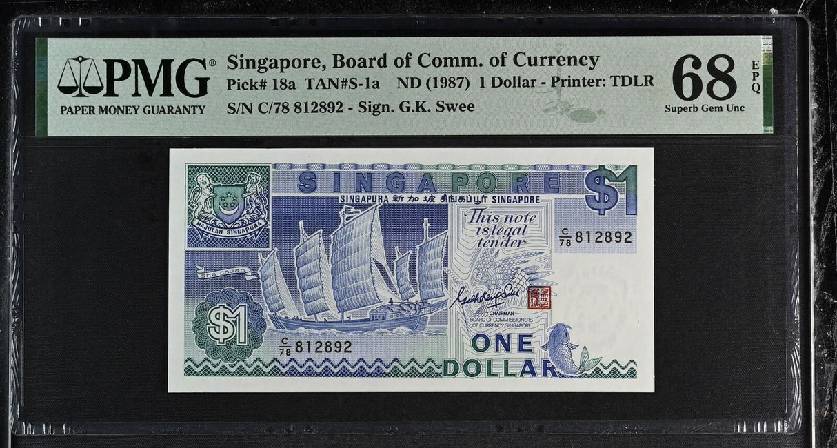 Singapore 1 Dollar ND 1987 P 18 a Superb Gem UNC PMG 68 EPQ