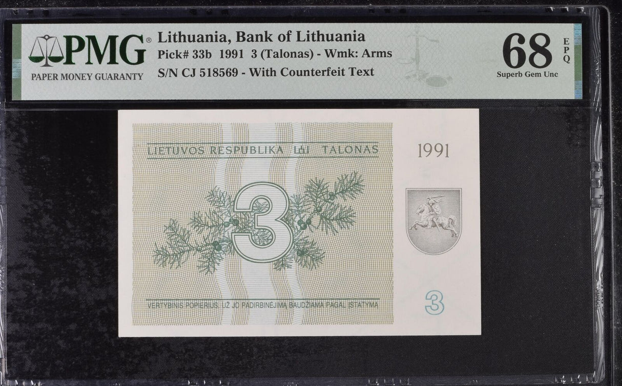 Lithuania 3 Talonas 1991 P 33 b Superb Gem UNC PMG 68 EPQ