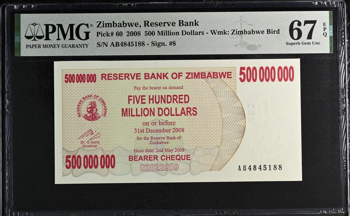 Zimbabwe 500 Million Dollars 2008 P 60 Superb Gem UNC PMG 67 EPQ