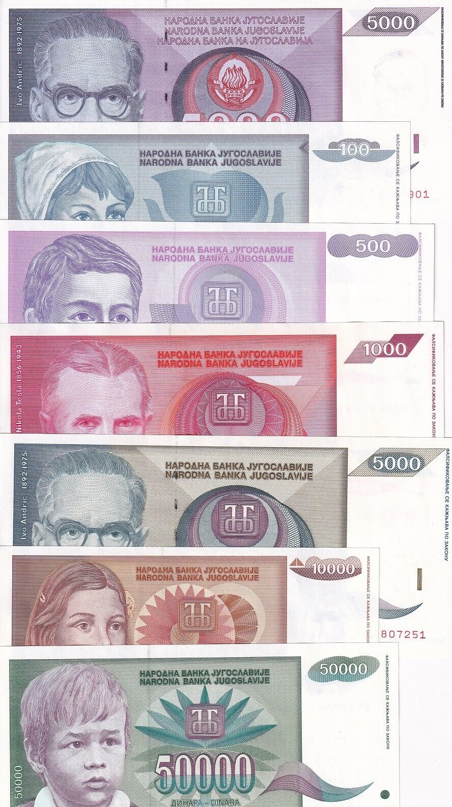 Yugoslavia Set 7 UNC 100-5000-50000 Dinara 1991-1992 P 111 112 113 - 115 116 117