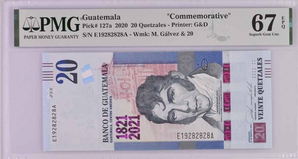 Guatemala 20 Quetzales 2020 P 127 a Comm. Superb Gem UNC PMG 67 EPQ