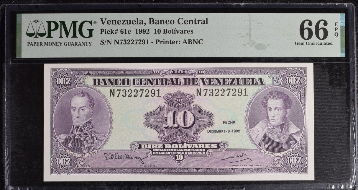 Venezuela 10 Bolivares 1992 P 61 c Gem UNC PMG 66 EPQ