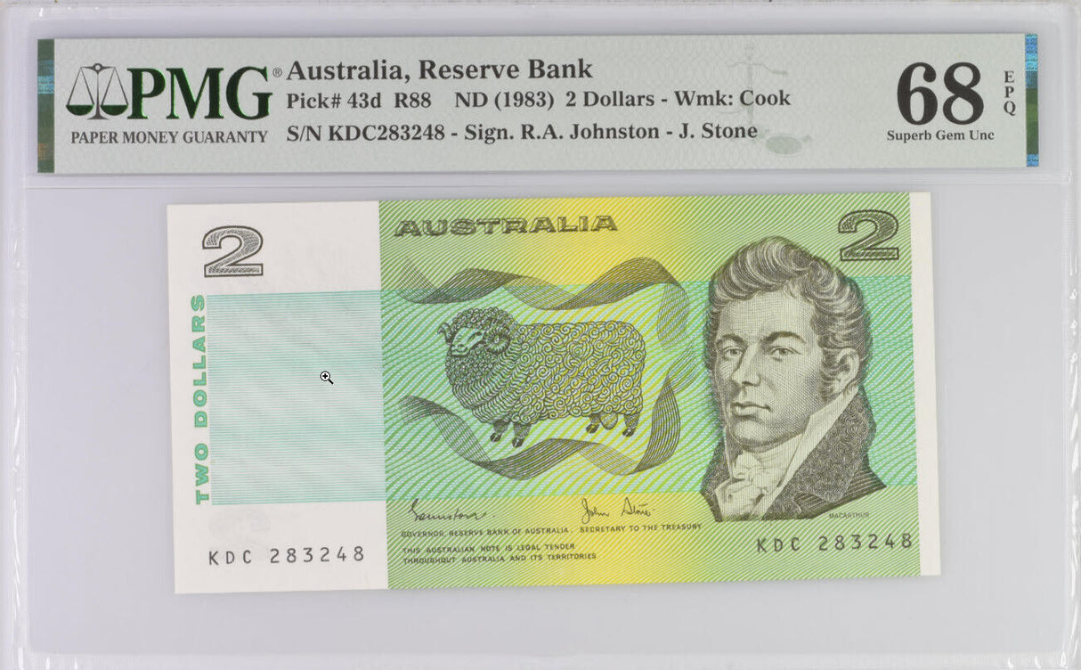 Australia 2 Dollars ND 1983 P 43 d Johnston Stone Superb Gem UNC PMG 68 EPQ Top