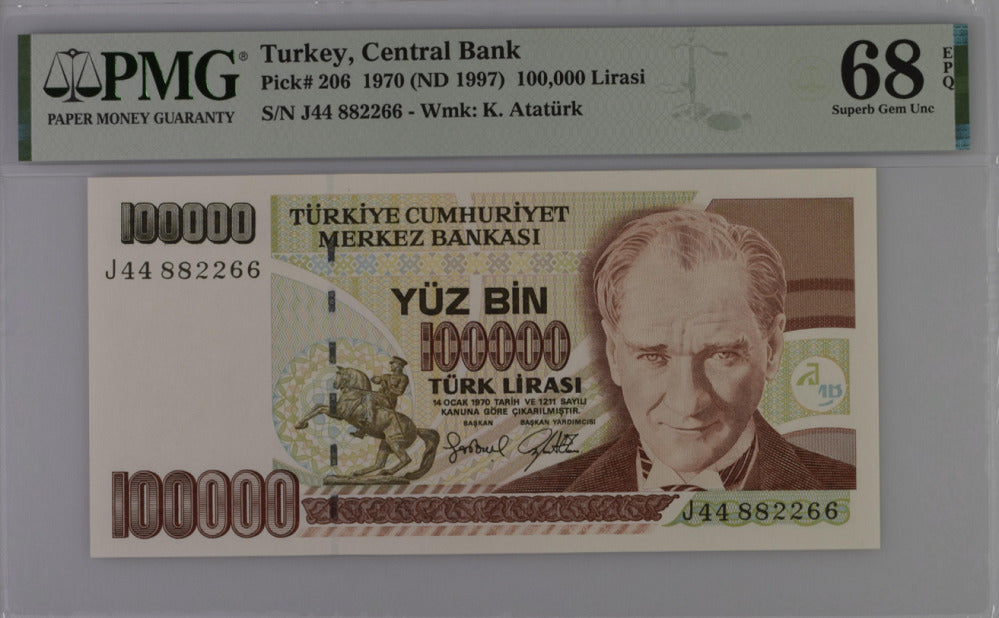 Turkey 100000 Lirasi 1970/1997 P 206 NICE # 882266 Superb Gem UNC PMG 68 EPQ