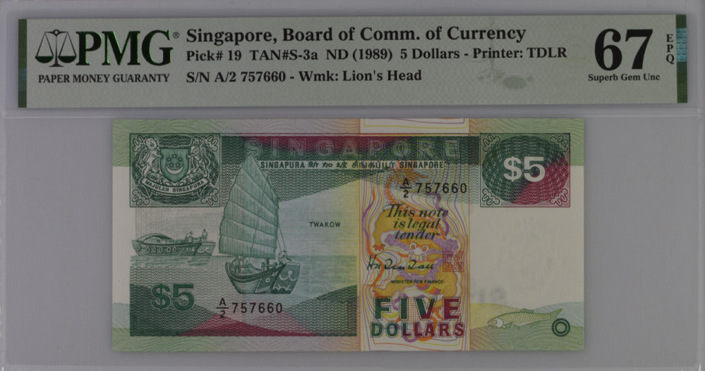 Singapore 5 Dollars ND 1989 P 19 Superb Gem UNC PMG 67 EPQ