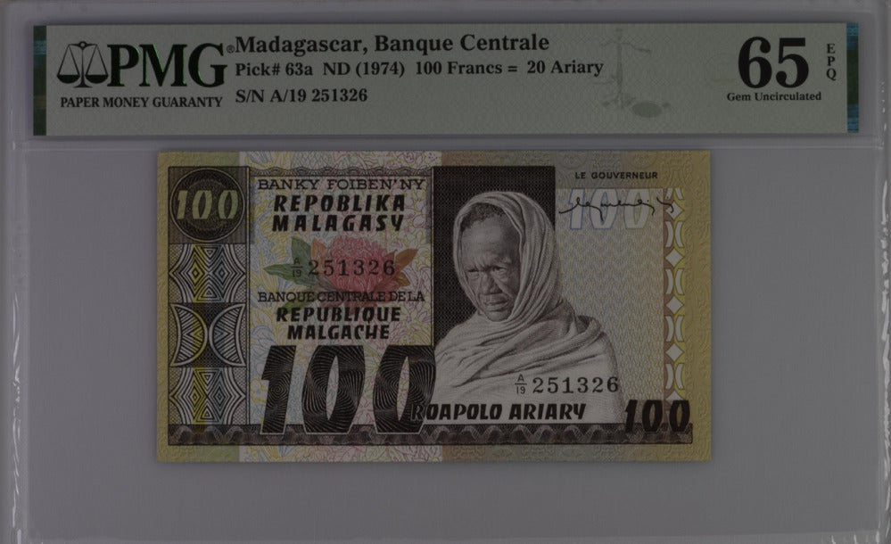 Madagascar 100 Francs 20 Ariary ND 1974 P 63 a GEM UNC PMG 65 EPQ