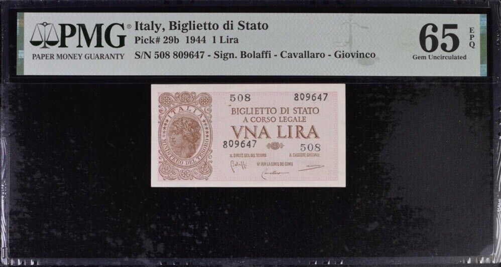 Italy Biglietto 1 Lira 1944 P 29 b Gem UNC PMG 65 EPQ