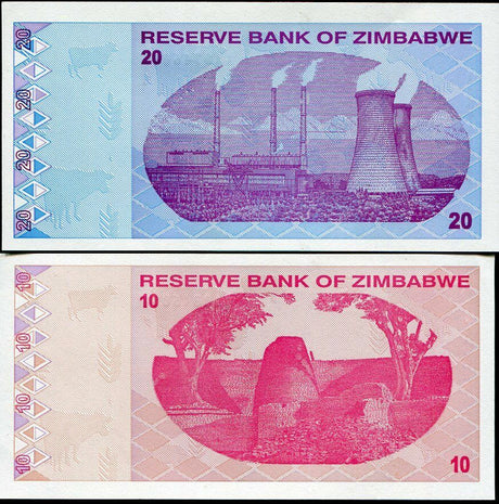 ZIMBABWE SET 2 PCS 10 20 DOLLARS 2009 P 94 95 UNC
