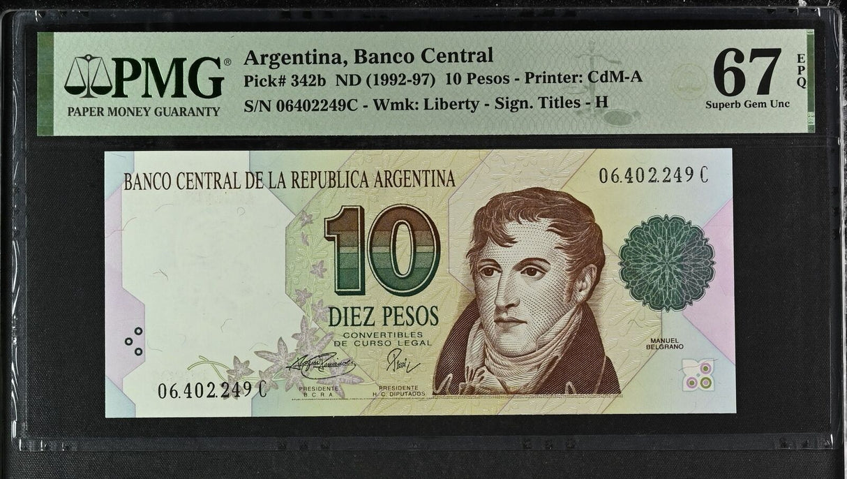 Argentina 10 Pesos ND 1992-1997 P 342 b Superb Gem UNC PMG 67 EPQ TOP POP