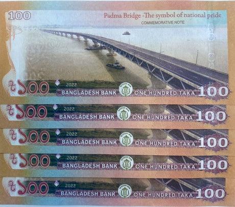Bangladesh 100 Taka 2022 Comm. Padma Bridge P New LOT 5 Pcs UNC