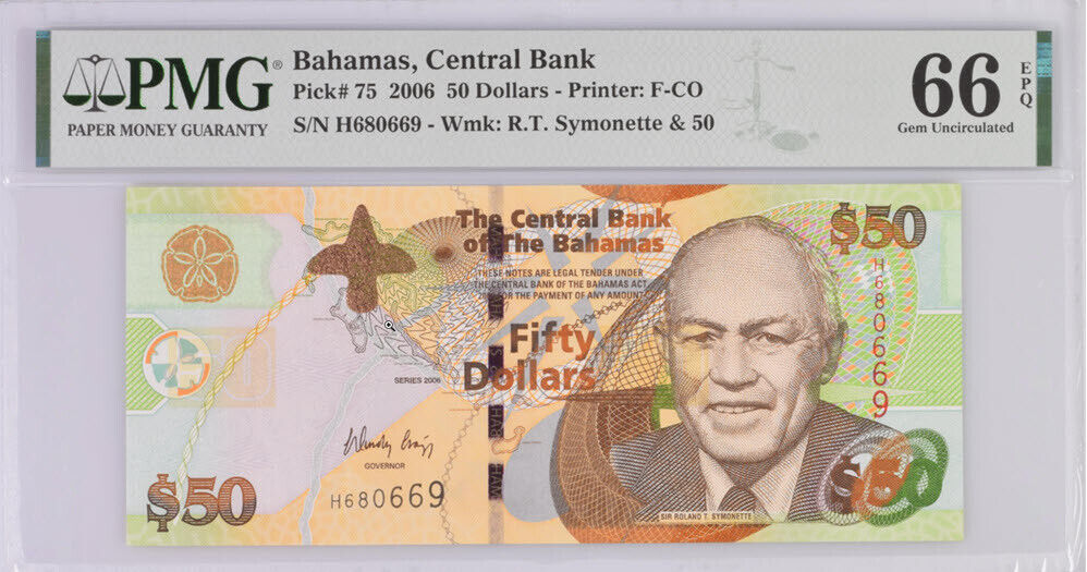 Bahamas 50 dollars 2006 P 75 Gem UNC PMG 66 EPQ