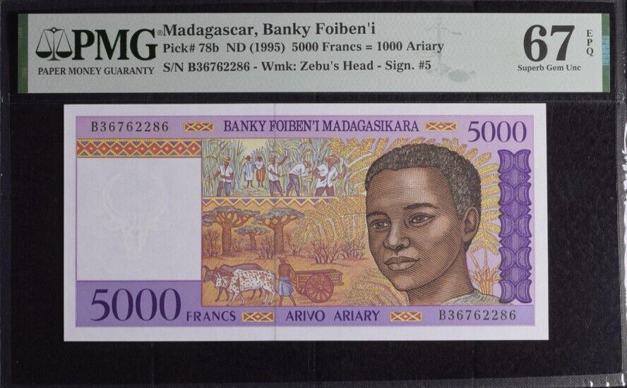 Madagascar 5000 Francs 1000 Ariary ND 1995 P 78 b Superb GEM UNC PMG 67 EPQ