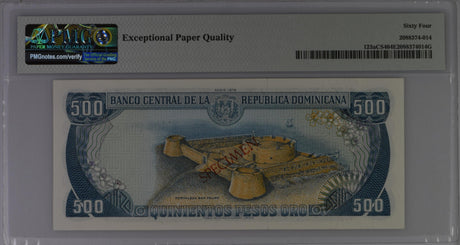 Dominican Republic 500 Pesos 1978 P 123aCS4 SPECIMEN Choice UNC PMG 64 EPQ