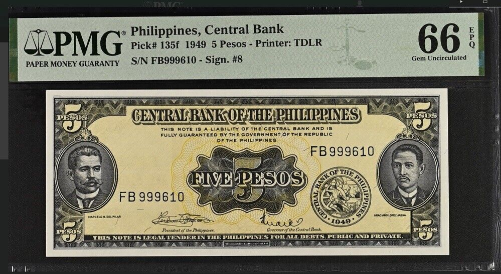 Philippines 5 Pesos 1949 P 135 f Gem UNC PMG 66 EPQ