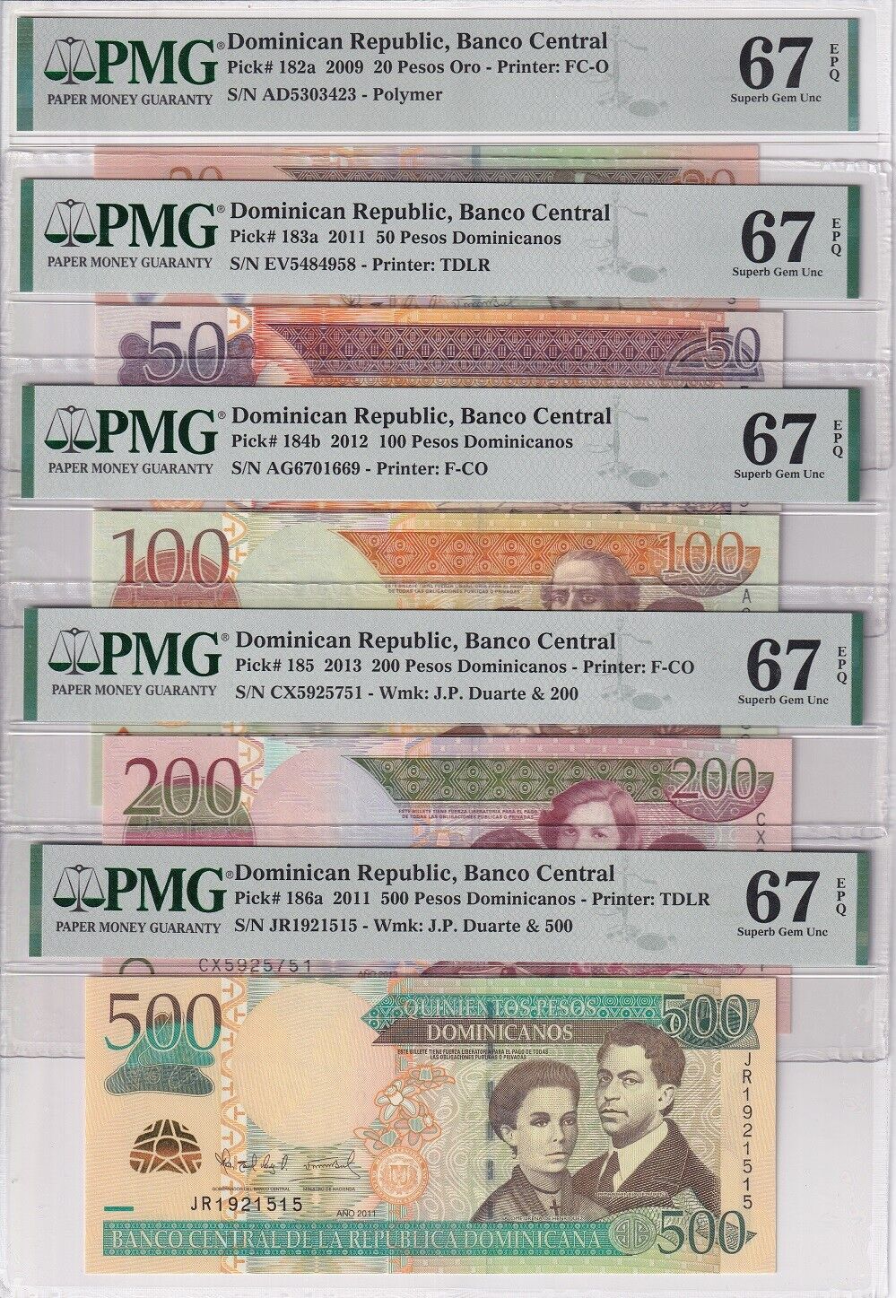 Dominican Set 5; 20 50-500 Pesos 2009-2013 P 182- 186 Superb Gem UNC PMG 67 EPQ