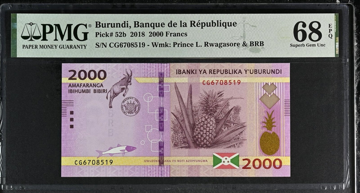 Burundi 2000 Francs 2018 P 52 b Superb Gem UNC PMG 68 EPQ TOP POP