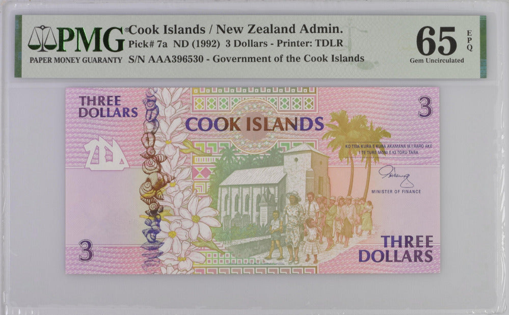 Cook Islands 3 Dollars ND 1992 P 7 a Prefix AAA Gem UNC PMG 65 EPQ