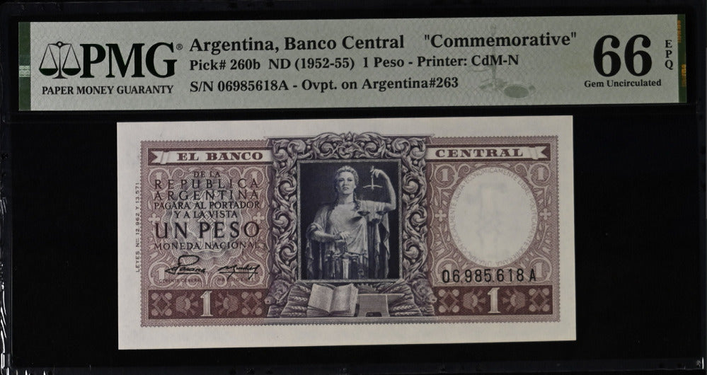 Argentina 1 Peso ND 1952-1955 P 260 b Gem UNC PMG 66 EPQ