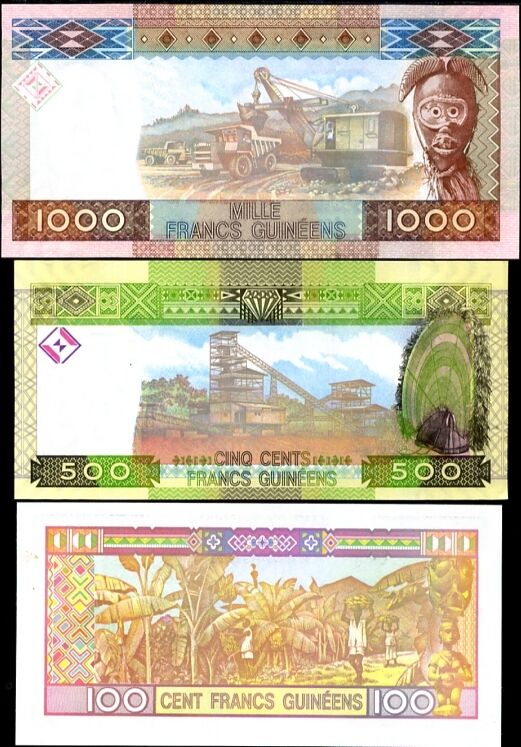 GUINEA SET 3 PCS 100 500 1000 FRANCS 1998 2006 UNC