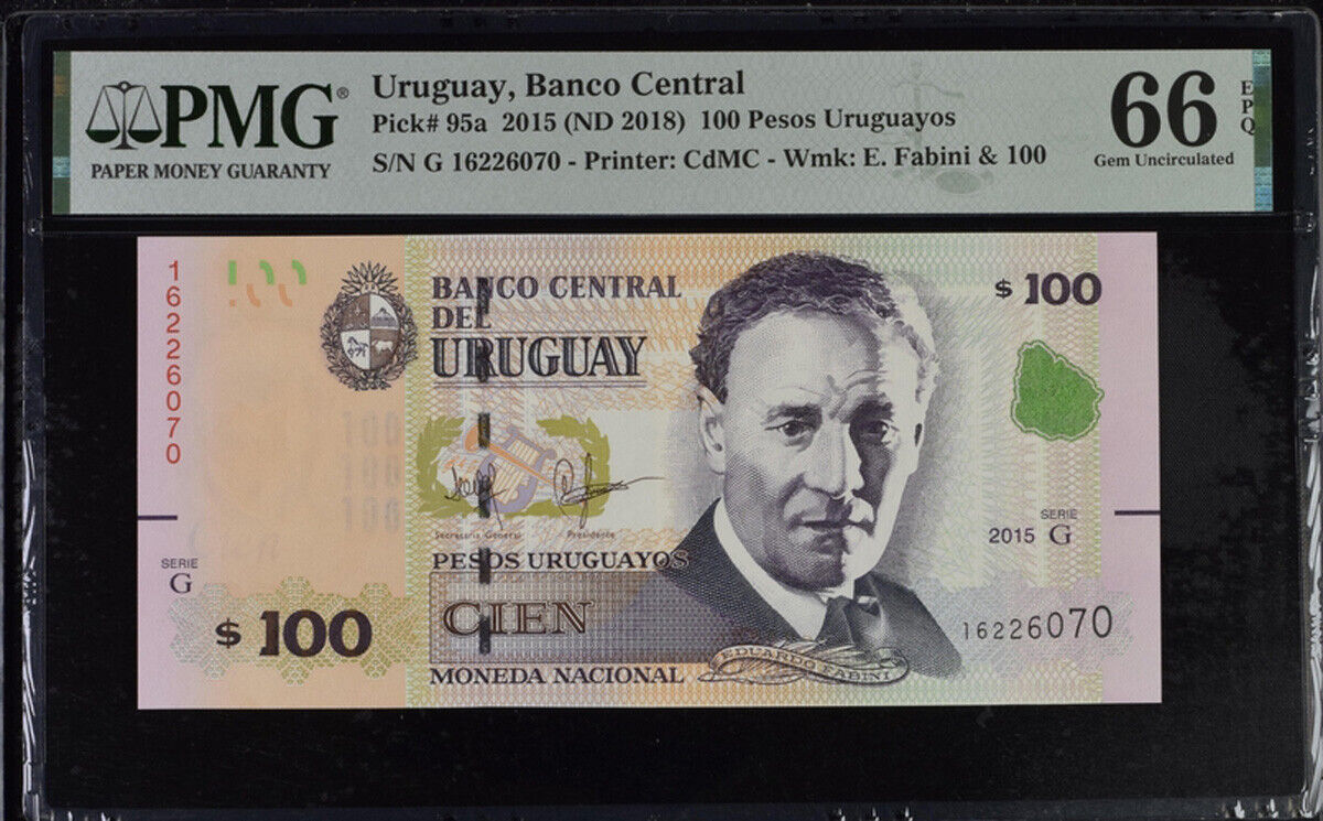 Uruguay 100 Pesos 2015 ND 2018 Series G P 95 a Gem UNC PMG 66 EPQ