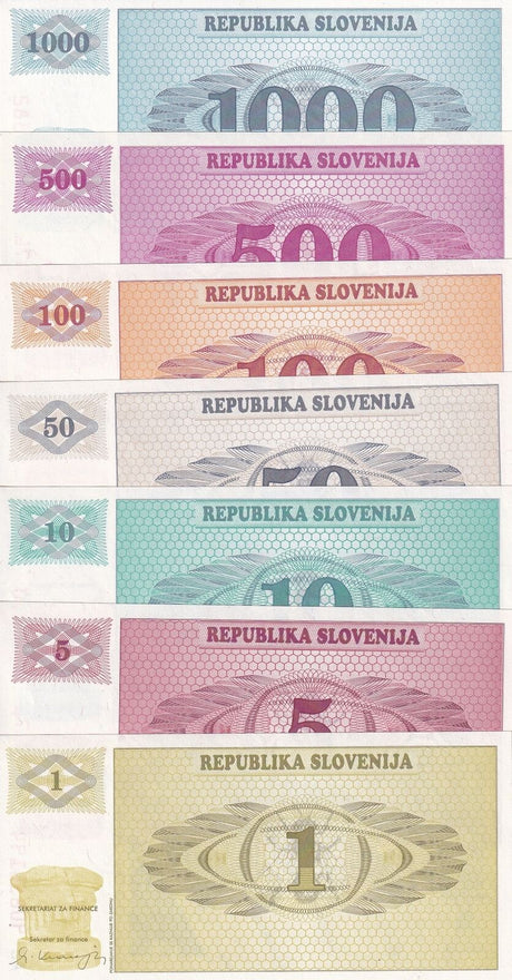Slovenia Set 7 UNC 1 5 10 50 100 500 1000 TOLAJEV 1990-1992 Specimen P 1 -P 9