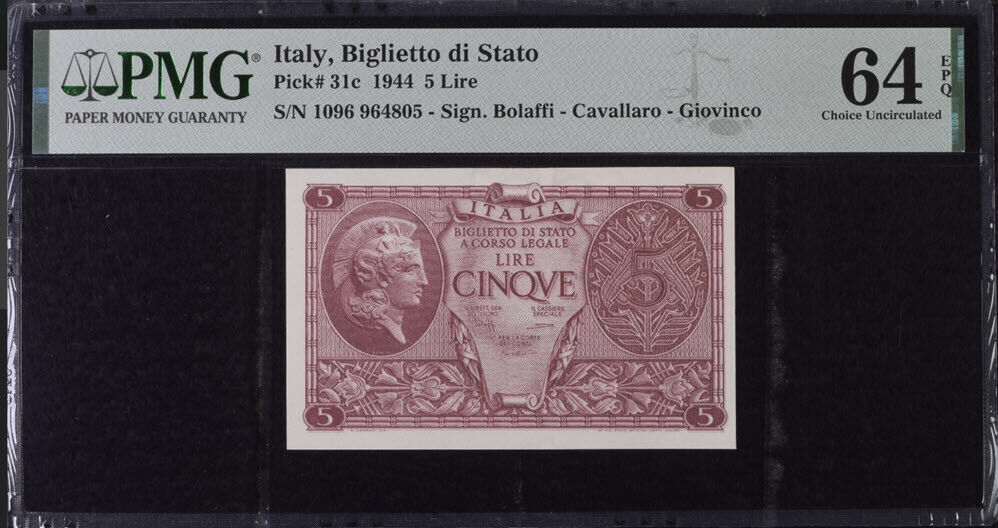 Italy 5 Lire 1944 P 31 c Choice UNC PMG 64 EPQ