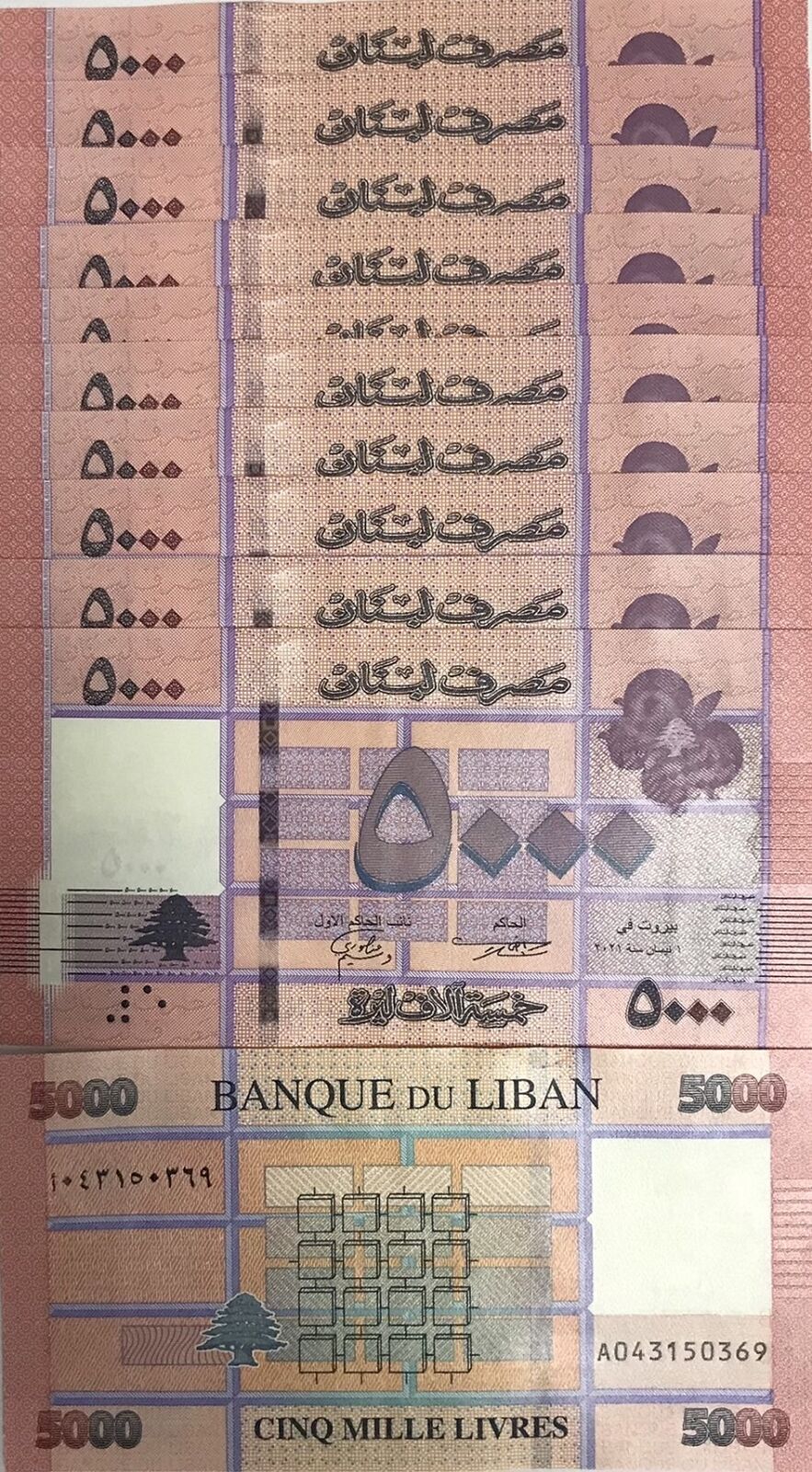 Lebanon 5000 Livres 2021 P 91 UNC LOT 10 PCS