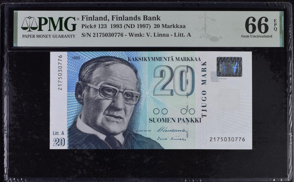Finland 20 Markkaa 1993 ND 1997 P 123 Gem UNC PMG 66 EPQ