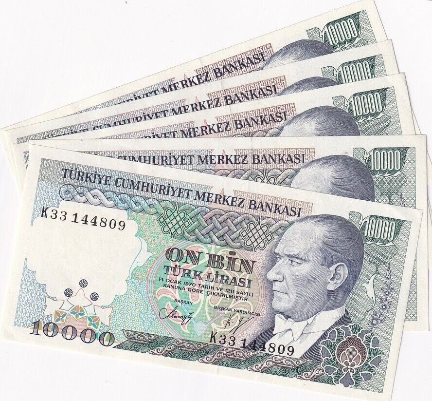 Turkey 10000 Lira L.1970 (1989) P 200 AUnc LOT 5 PCS