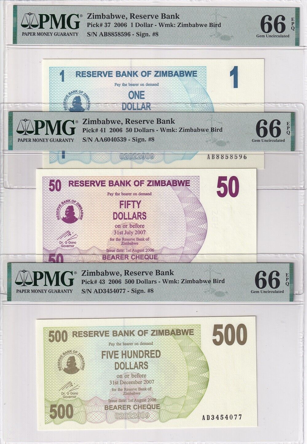 Zimbabwe Set 5; 1 50 500 750K 25Mill 2006-2008 P37-P52 Gem UNC PMG 66 EPQ