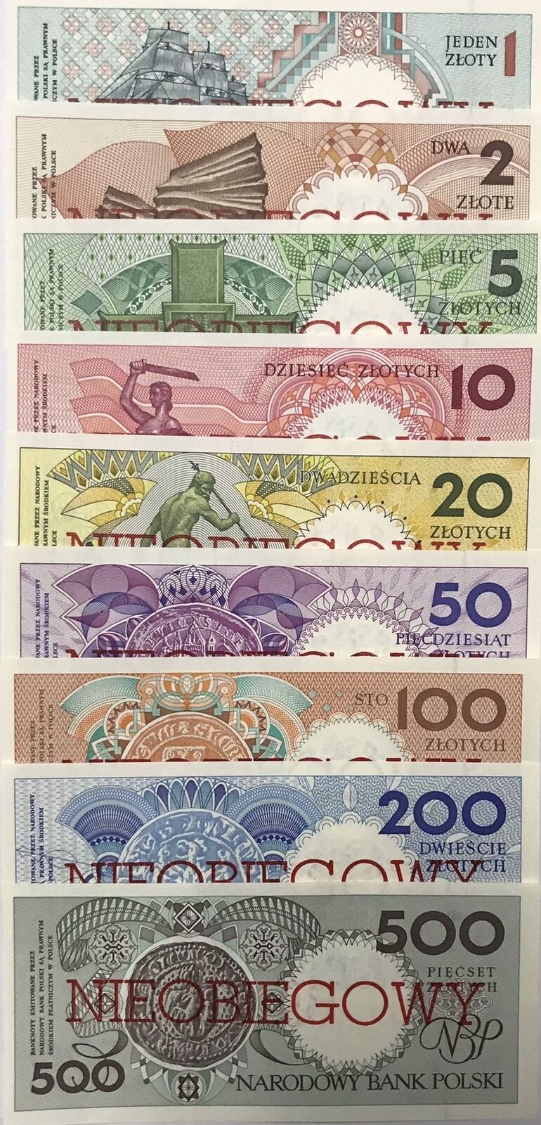 Poland Set 9 Pcs 1 2 5 10 20 50 100 200 500 Zlotlych 1990 Cancel P 164a-172a UNC