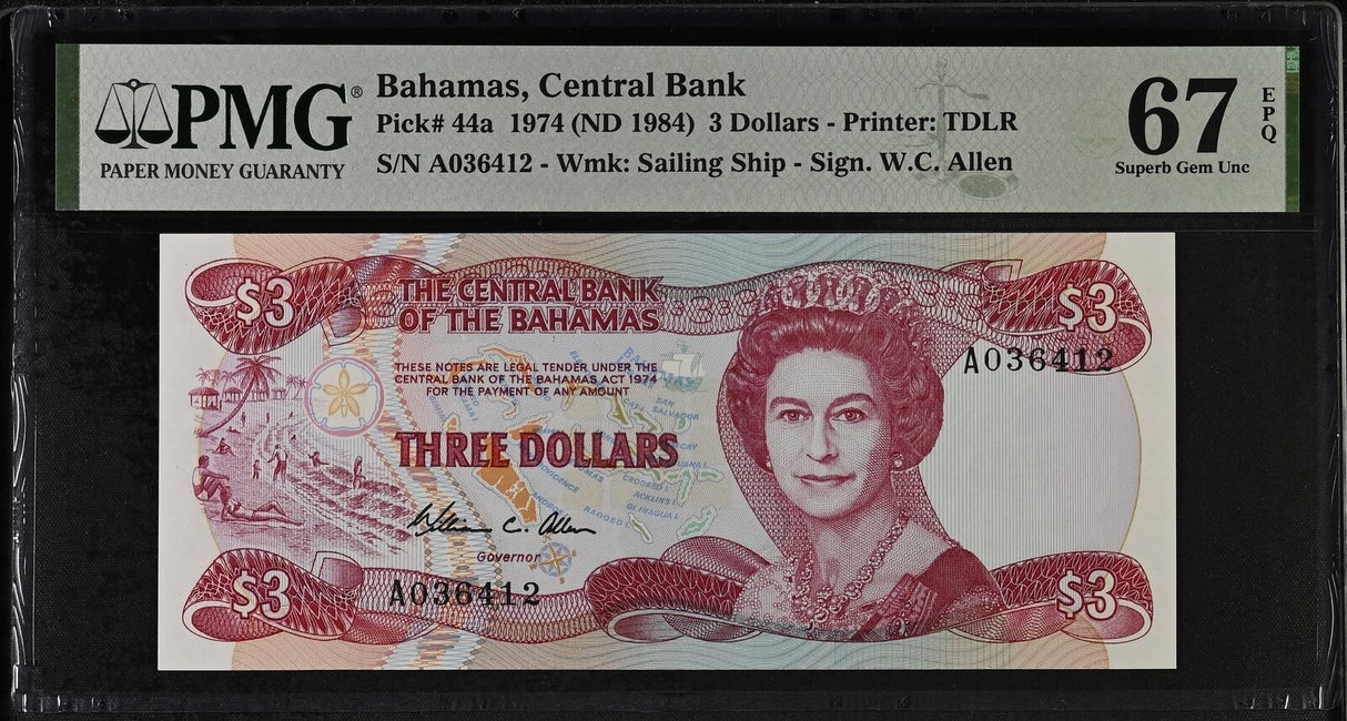 Bahamas 3 Dollars 1974 ND 1984 QE II P 44 a Superb Gem UNC PMG 67 EPQ