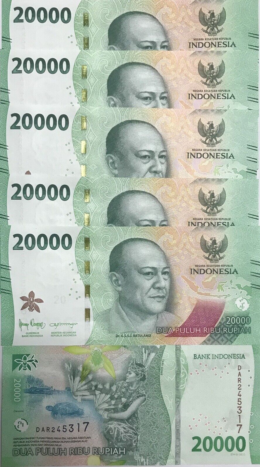 Indonesia 20000 Rupiah 2022 NEW P 166 UNC LOT 5 PCS