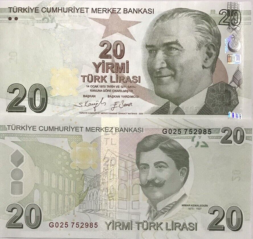 Turkey 20 Lira 2009/2022 P 224 Prefix "G" UNC