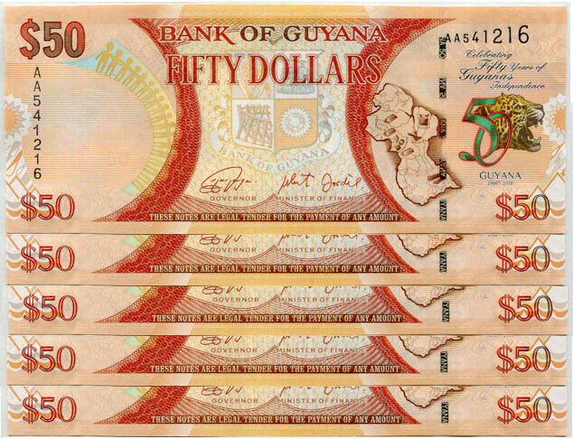 Guyana 50 Dollars ND 2016 P 41 Comm. UNC LOT 5 PCS