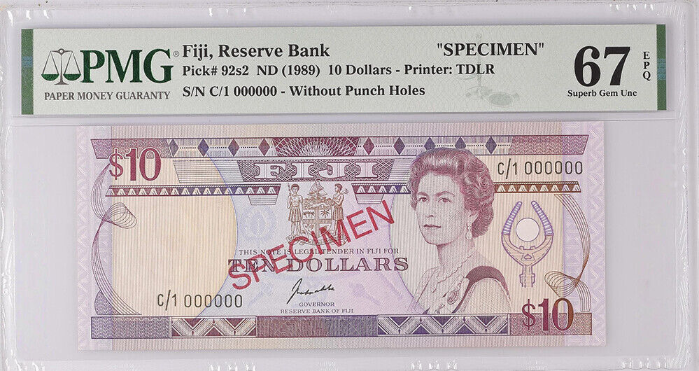 Fiji 10 Dollars ND 1989 P 92s2 SPECIMEN Superb Gem UNC PMG 67 EPQ Top Pop