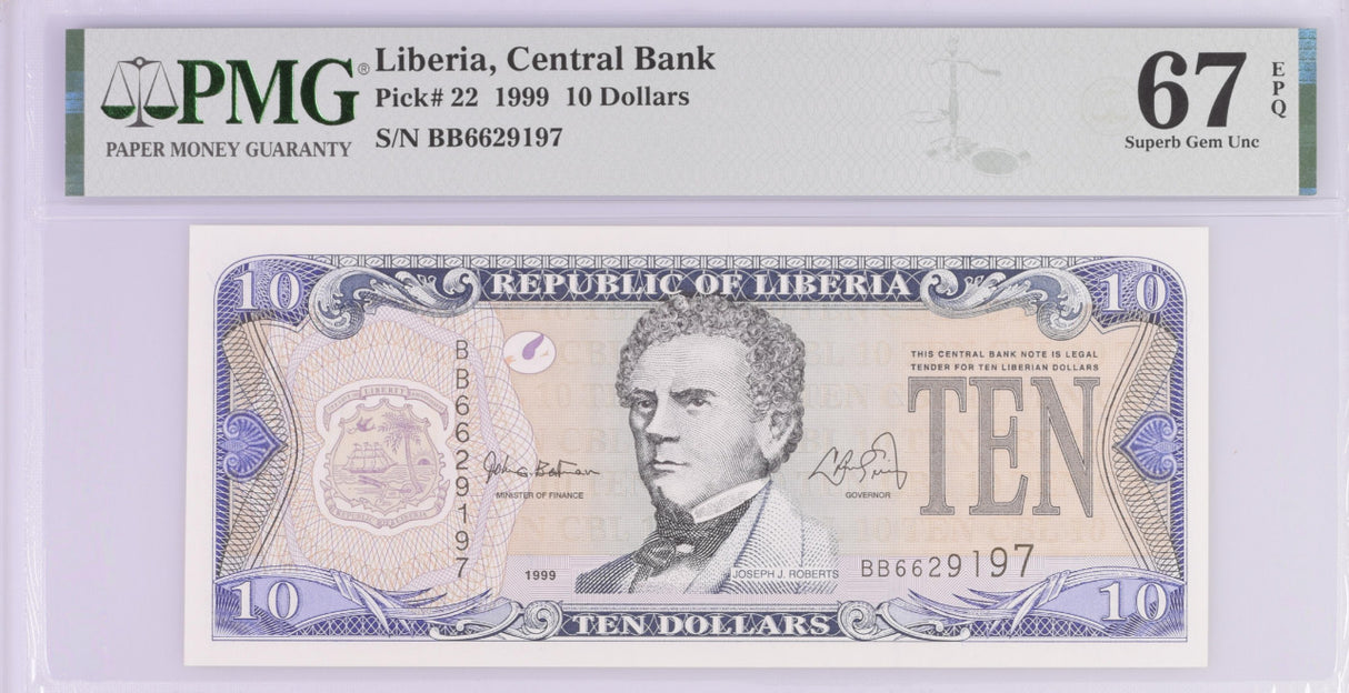 Liberia 10 Dollars 1999 P 22 Superb Gem UNC PMG 67 EPQ Top Pop