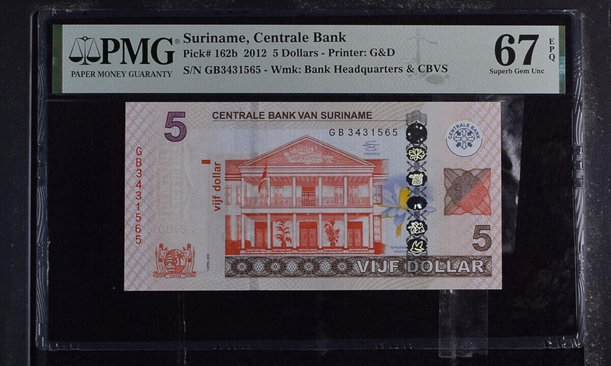 Suriname 5 Dollars 2012 P 162 b Superb Gem UNC PMG 67 EPQ