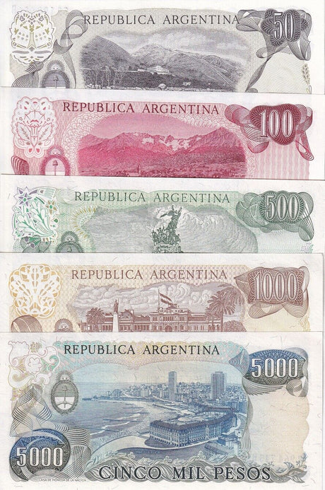 Argentina Set 5 Pcs 50 100 500 1000 5000 Pesos ND 1976-83 P 301 302 303-305 UNC
