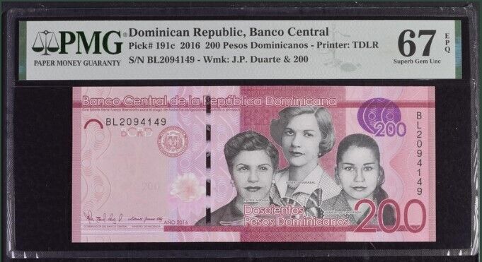 Dominican Republic 200 Pesos 2016 P 191 c Superb GEM UNC PMG 67 EPQ
